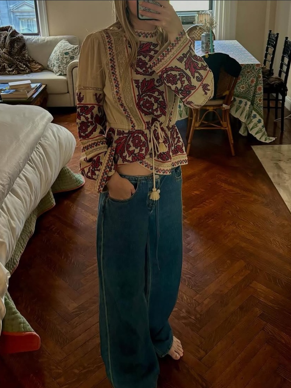 Sea Embroidered Cream Peasant Top with Burgundy Motif